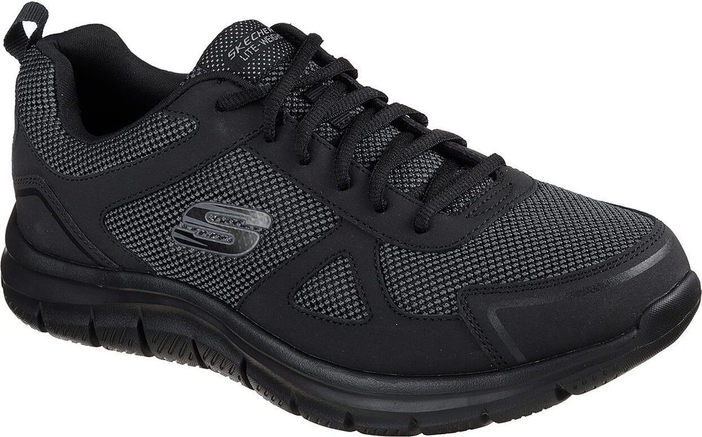 A black Skechers sneaker is shown from a side angle against a white background.