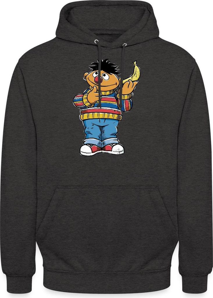 Spreadshirt Sesamstraße Ernie Mit Banane Pose Lustig Used Look Uni Hoodie, XL, Anthrazit
