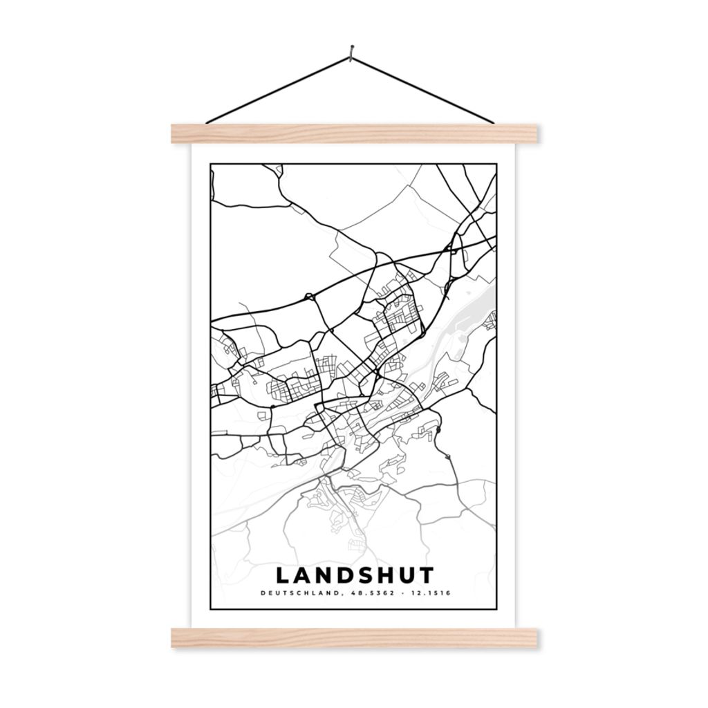MuchoWow Textilposter Karte - Landshut - Karte - Stadtplan 60x90 cm mit holzfarbenen Rahmen - Textil