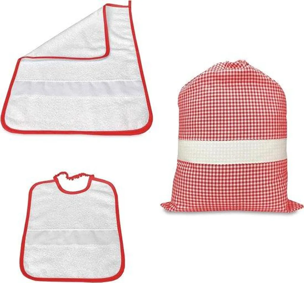 Kit crèche avec serviette et tablier en tissu Aida rouge à broder