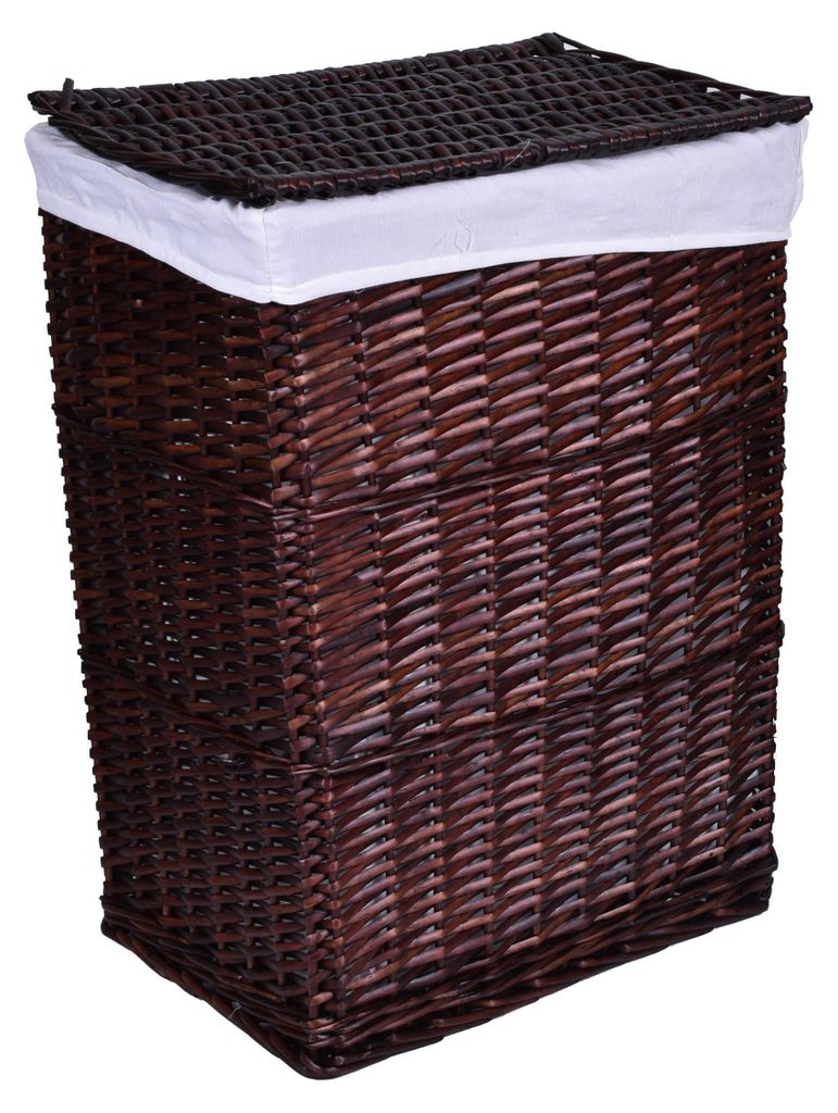 A brown wicker laundry basket with a white liner and a woven lid.