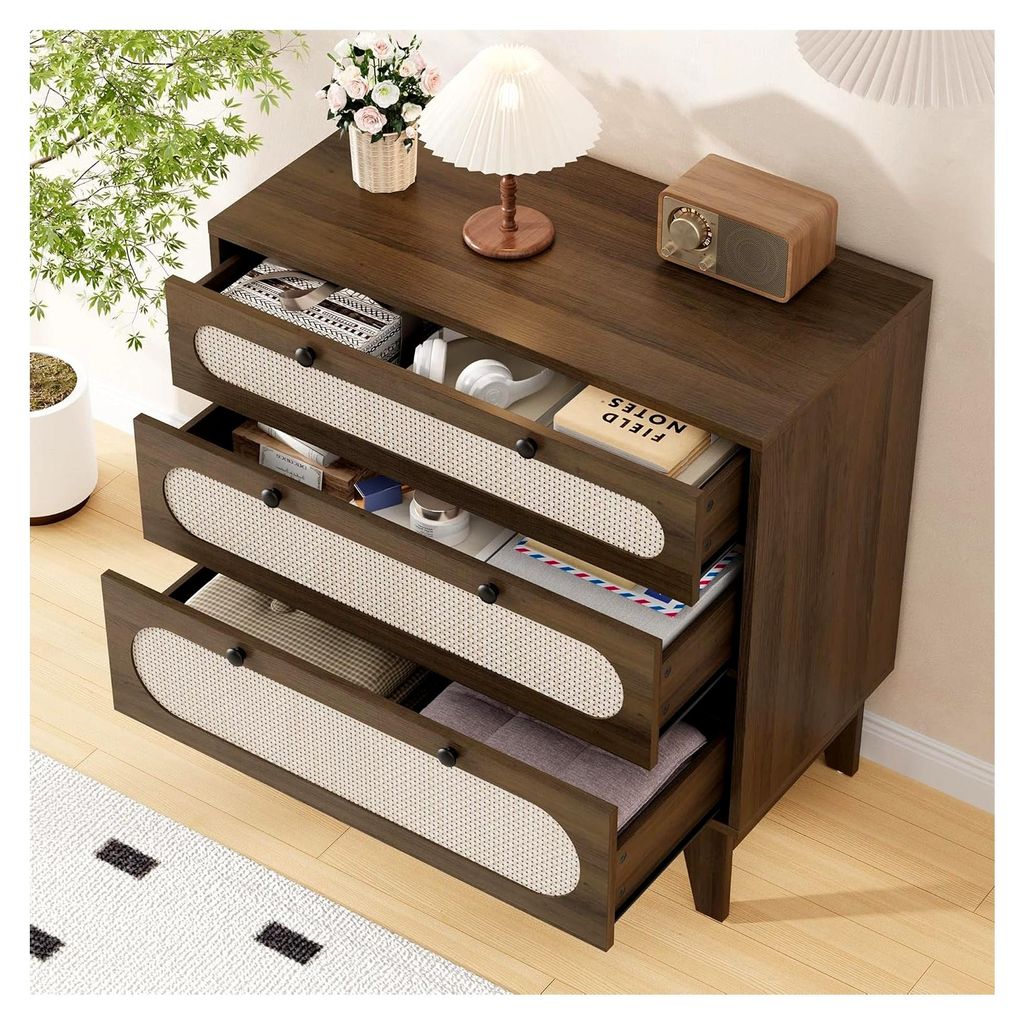 Kommode mit 3 Schubladen in Dunkelbraun, Retro-Schubladenschrank mit Rattan-Optik, Boho-Beistellschrank für Schlafzimmer und Wohnzimmer, Vintage-N...