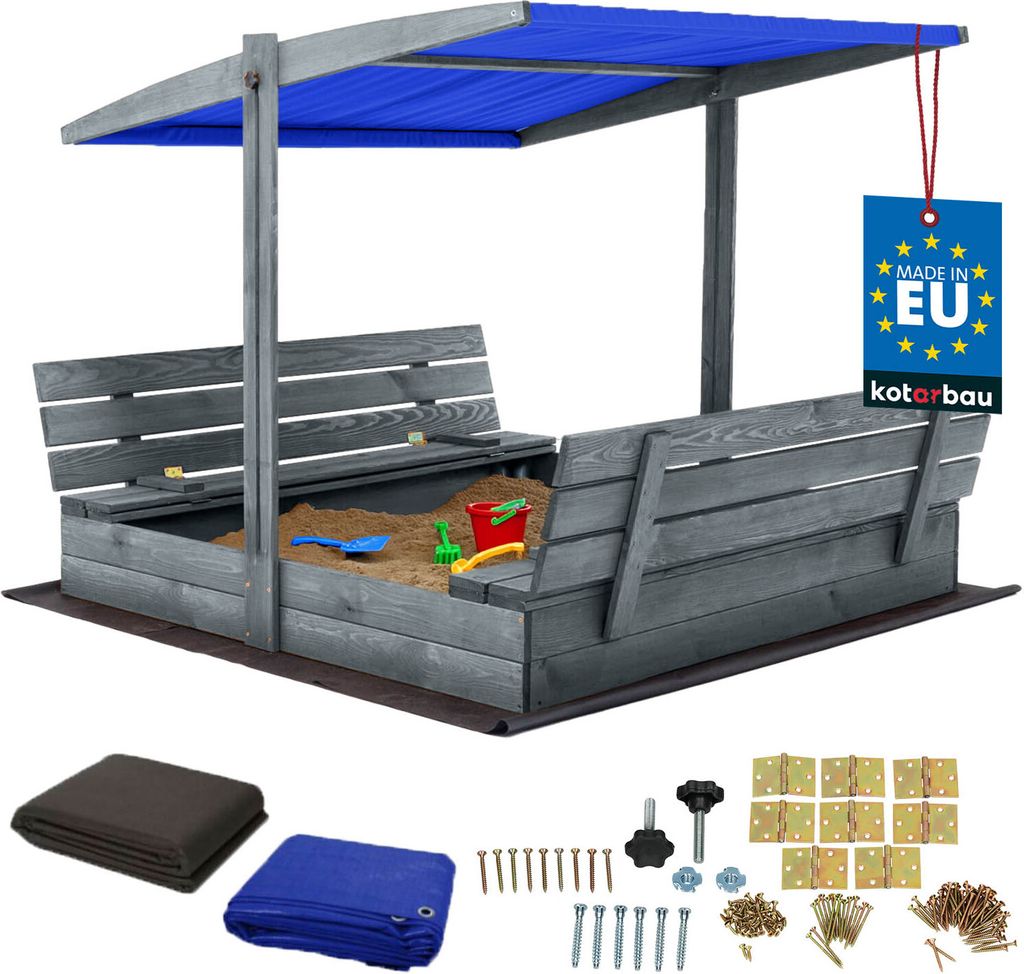 KOTARBAU Sandkasten mit Abdeckung 140 x 140 cm Großer Grau Holzsandkasten mit Blau Dach Sandkasten mit Deckel Sandkasten mit Dach Gartenspielzeu...
