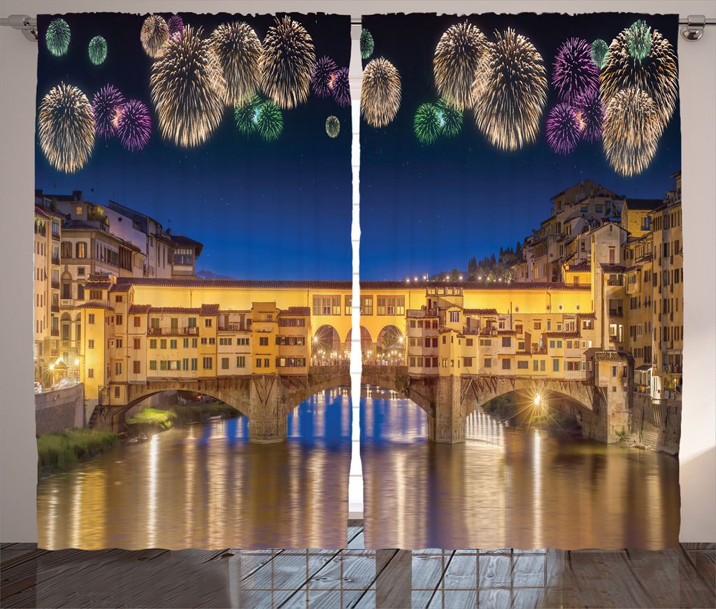 ABAKUHAUS Stadtansicht Rustikaler Vorhang, Nacht Panoramablick, Wohnzimmer Universalband Gardinen mit Schlaufen und Haken, 280 x 245 cm, Gelb Navy ...