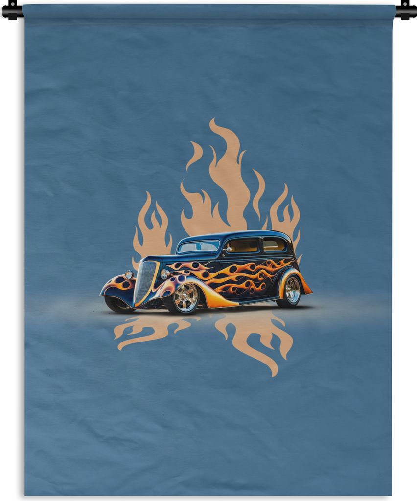 MuchoWow Wandteppich Wandbehang Auto - Oldtimer - Blau - Flammen 150x200 cm Tapisserie Dekoration Wandtuch - Wandaufhängung - Moderner