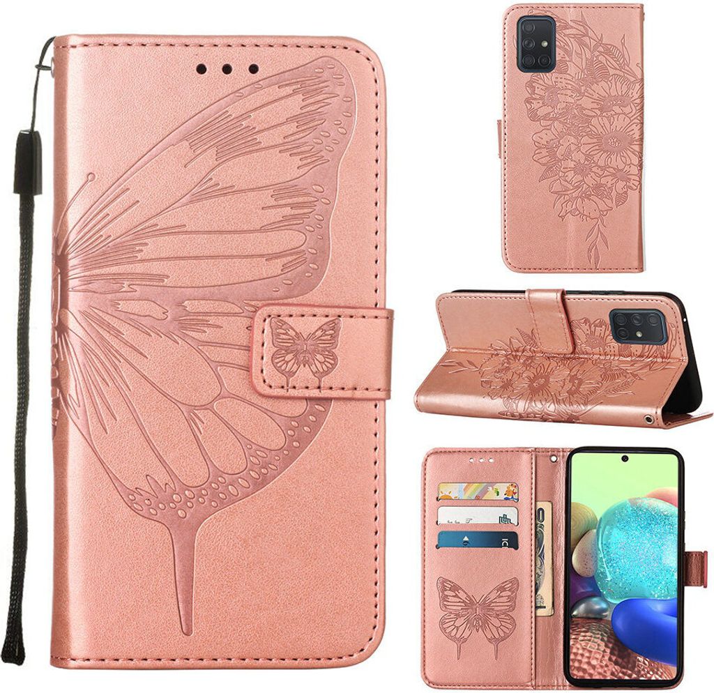 Galaxy A71 5G Hülle, Schmetterling Prägung Flip Leder Kartenfächer Schutzhülle Ledertasche mit Ständer für Samsung Galaxy A71 5G Roségold