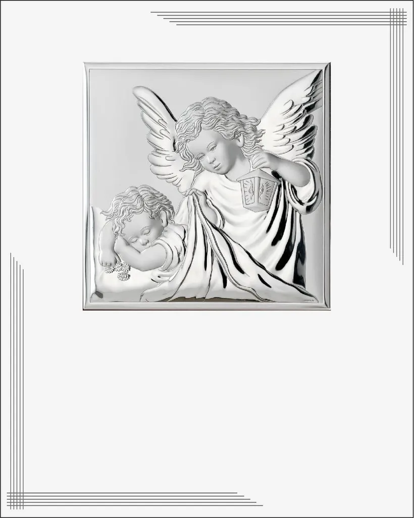 Cadeau de baptême moderne ange gardien - tableau argenté 25x20 cm VL880BI