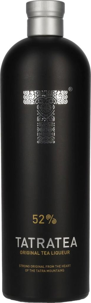 A black bottle of Tatratea 52 Original tea liqueur against a white background.