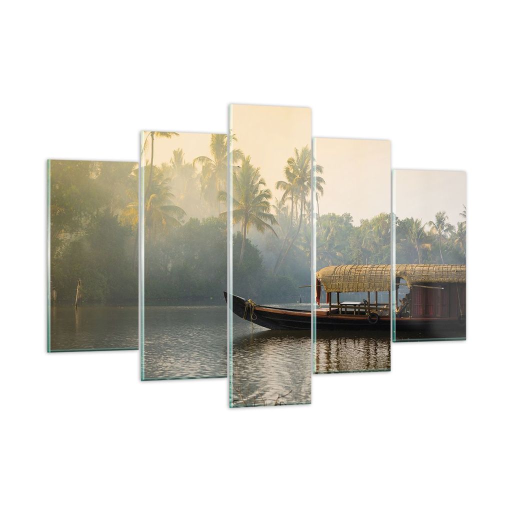 Bilder auf glas - 5 Teile - Indien Boot Fluss - 150x100cm - Glasbilder - Wandbilder - Bilder - zum Aufhängen bereit - Wanddekoration aus Glas - Gl...