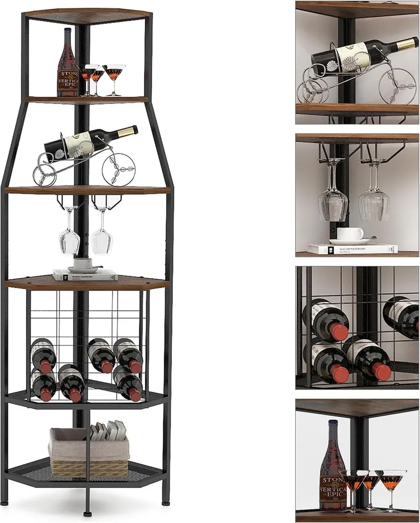 Meuble range-bouteille d'angle en métal et bois, 5 étages et support