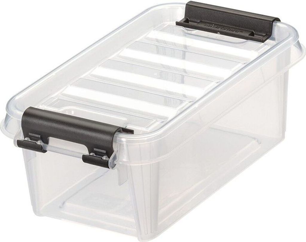A clear, studio shot of a transparent storage box with black latches.