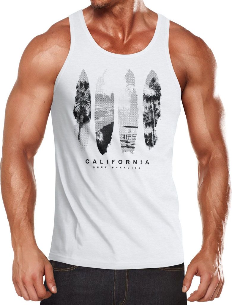 Herren Tank-Top Surfboard California Surfing Kalifornien Surf Print Aufdruck Muskelshirt Muscle Shirt Neverless weiß XXL