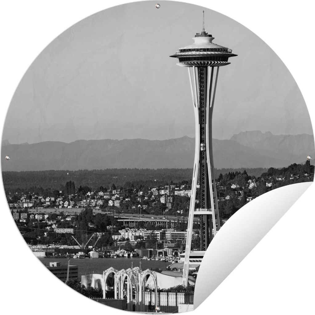 MuchoWow Gartenposter Outdoor-Poster Rund Space Needle in Seattle - schwarz und weiß Ø 120 cm Gartendeko Rundes Poster draußen