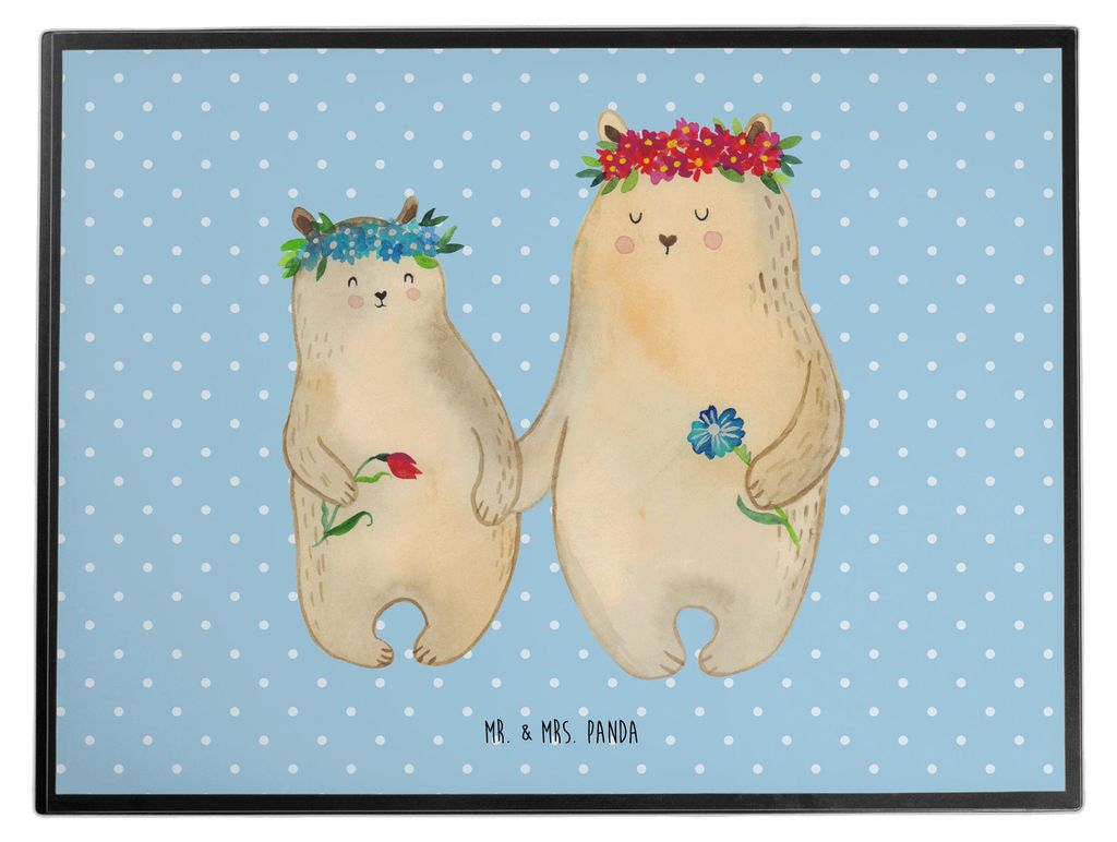 Mr. & Mrs. Panda tischpad Bären mit Blumenkranz - Blau Pastell - Geschenk, schreibtischunterlage, malunterlage, bastelunterlage, Mama, Family, Bä...