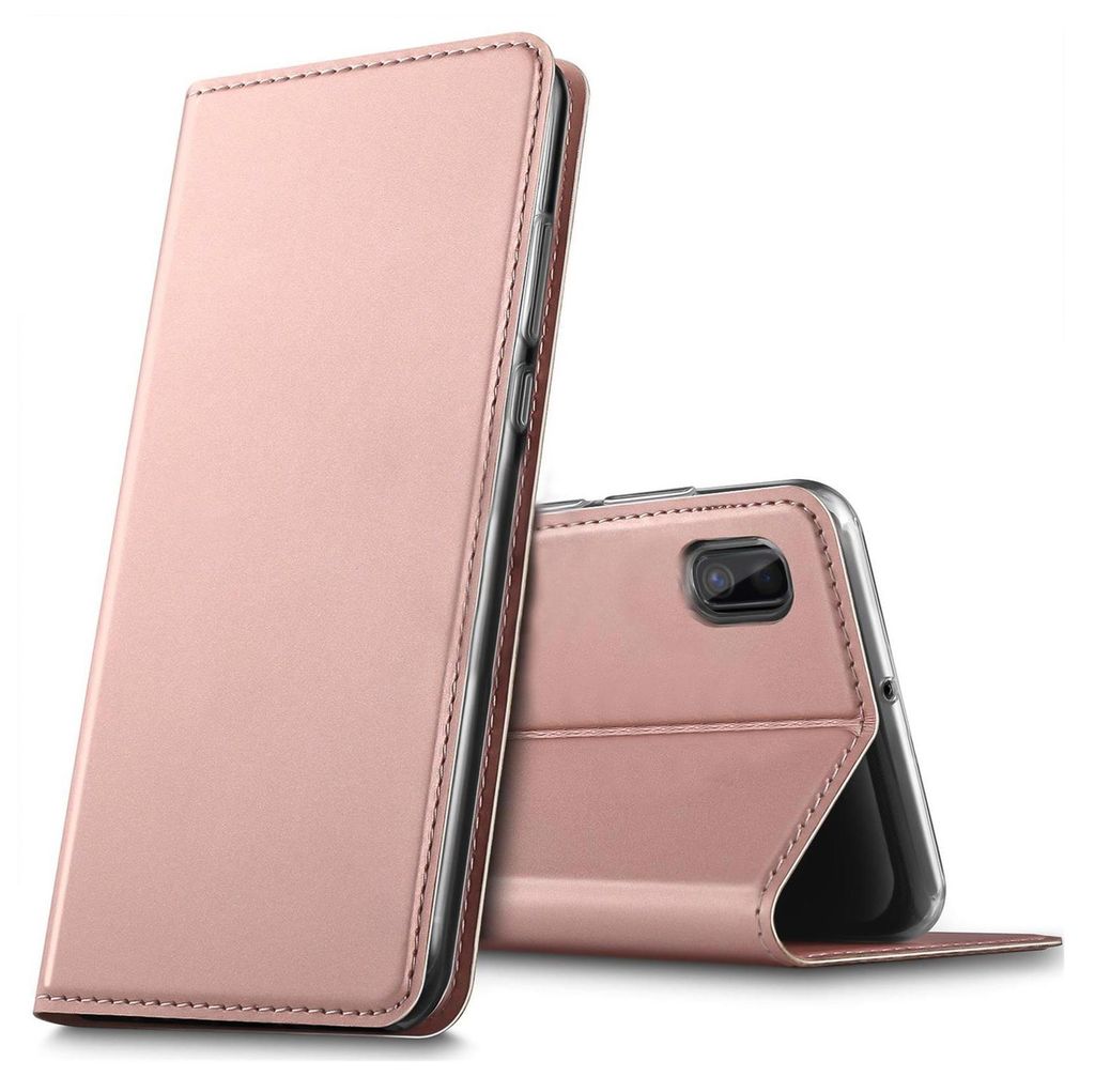A rose gold flip case for a smartphone is shown against a white background. The case is partially open, revealing the phone inside.
