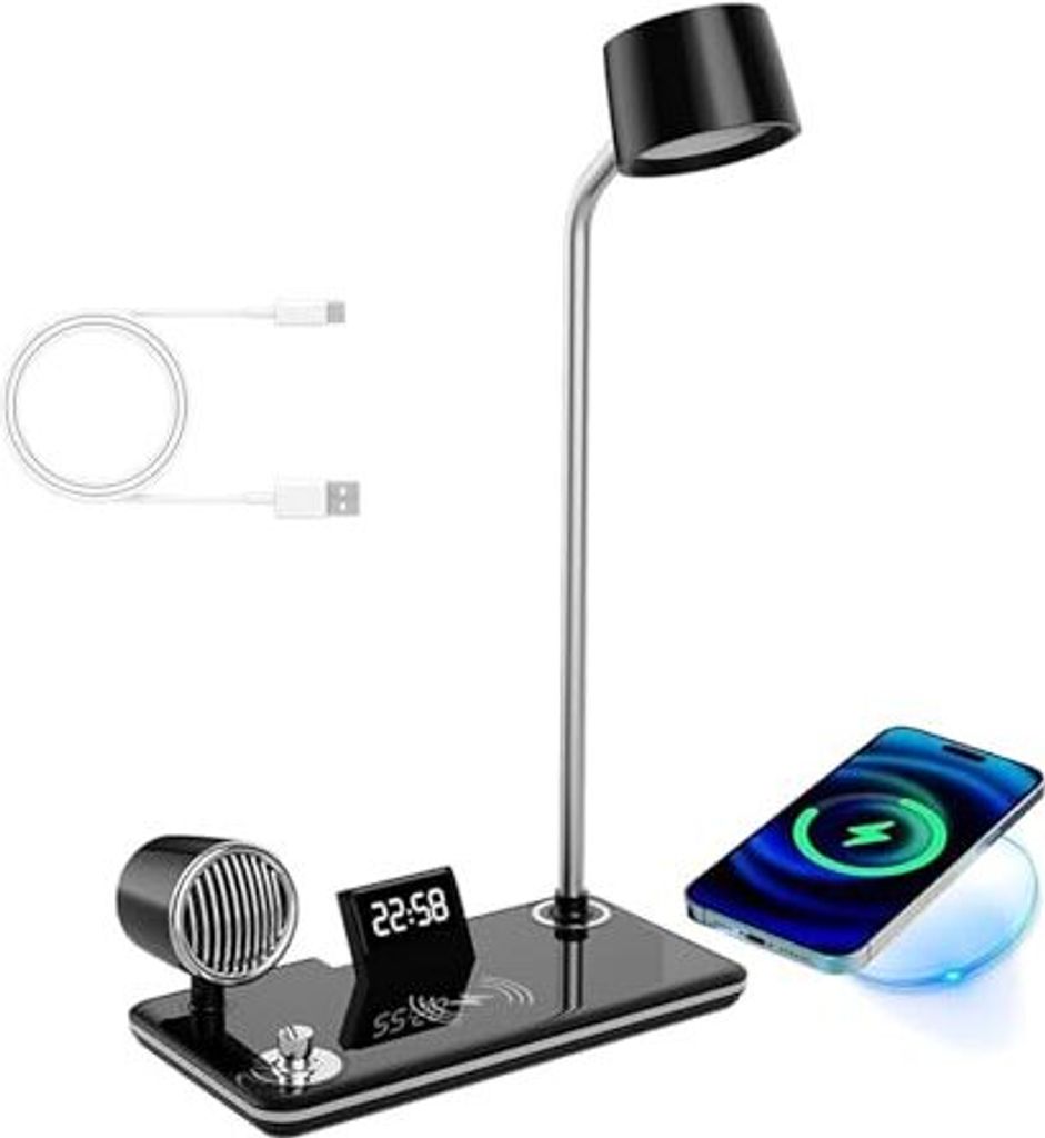 LED -Tischlampe 15 W drahtloses Ladegerät Bluetooth Lautsprecher Schreibtisch Touch Control Dimmable 3 Farben Lesen Kinder Elektronische Uhr Licht...