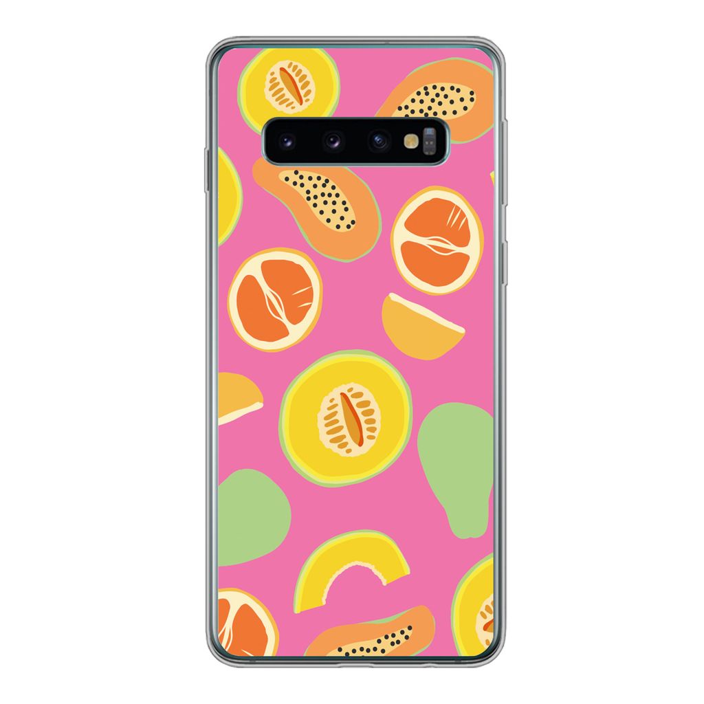 MuchoWow Handyhülle Schutzhülle Hülle für Samsung Galaxy S10 Obst - Muster - Rosa Silikon Softcase Handy Hülle - Handytasche