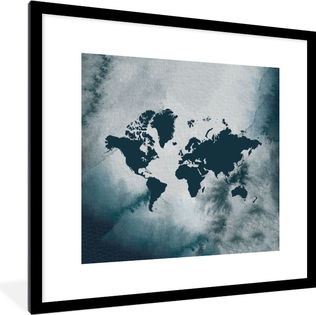 MuchoWow MuchoWow Gerahmtes Poster Weltkarte - Aquarell - Blau 40x40 cm - Poster mit zchwarzem Bilderrahmen - Poster - Plakat im Rahmen