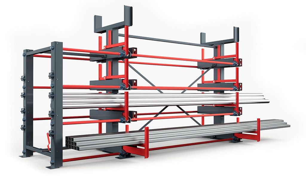 RR Industrietechnik Roll-Aus-Regal doppelseitig Typ RRS-DM mit 760mm Nutztiefe, 3 Ebenen und 2000kg Traglast pro Arm