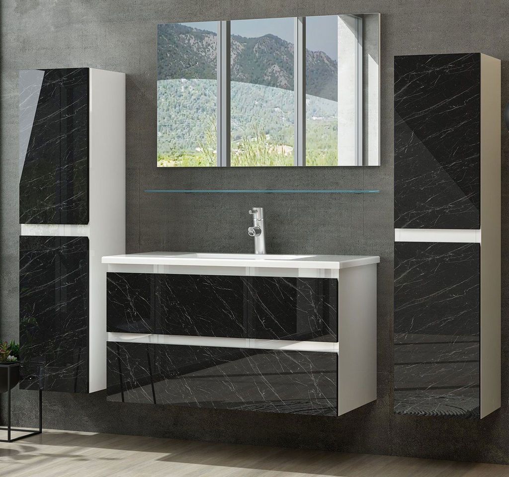 Unterschrank und Spiegel Waschtisch Badmöbel Set grau 40cm mit Waschbecken 