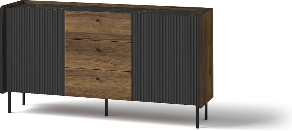 A modern sideboard with a combination of wood and ribbed dark gray panels, standing on thin black legs.