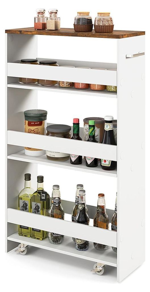 A white, four-tier rolling cart filled with various bottles and jars, likely for kitchen or pantry storage.