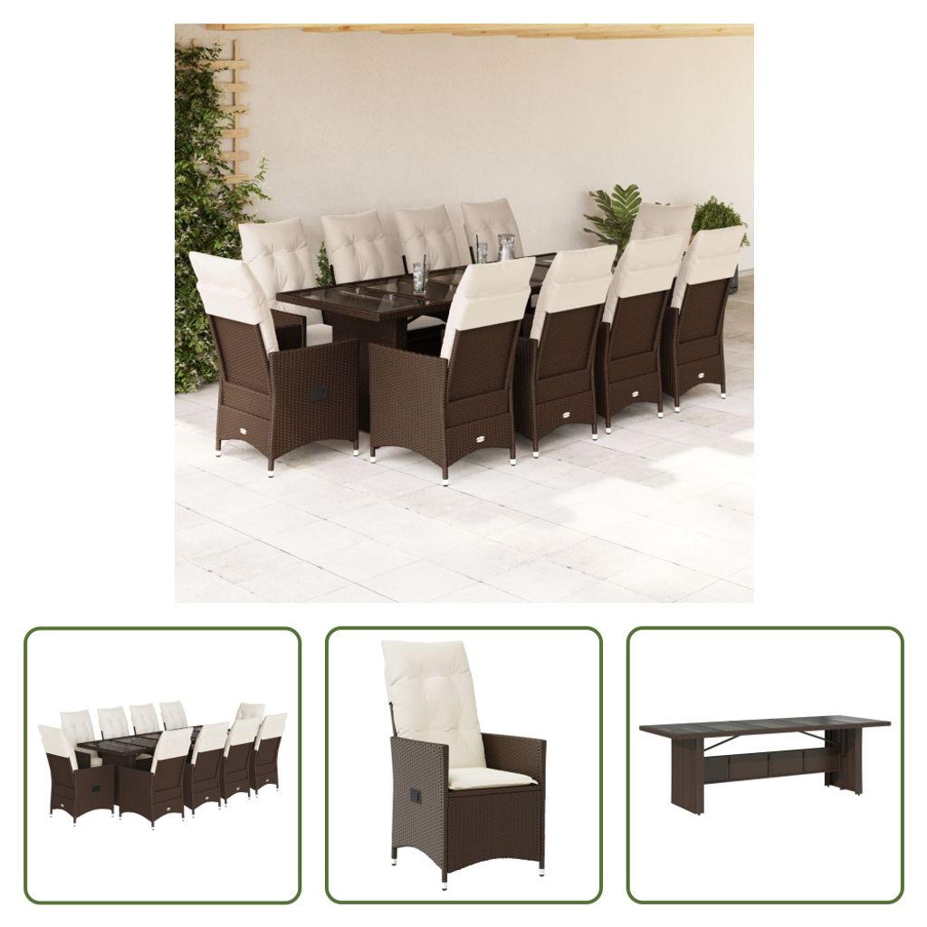 The Living Store 11-tlg. Garten-Bistro-Set mit Kissen Braun Poly Rattan