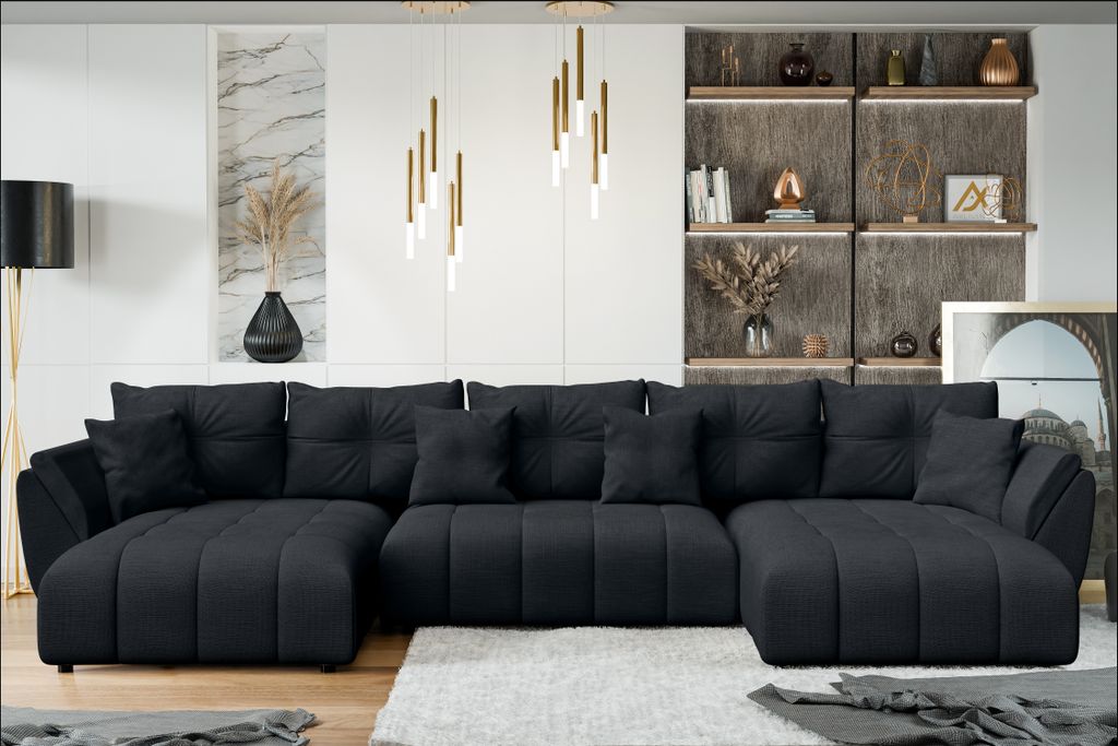 Couch U Form beige mit Schlaffunktion und Bettkasten, XXL Ecksofa mit Ottomane, modernes Design, Fed