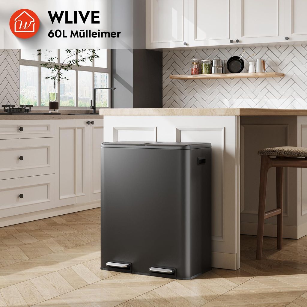 Mülleimer Küche 30/60L (2x15/30L), Doppel-Mülleimer mit 2
