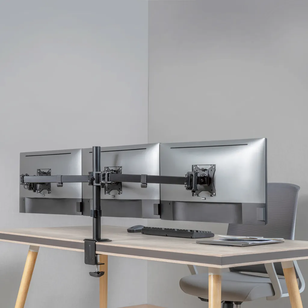Support triple écran ergonomique pour bureau - Idéal télétravail 27"