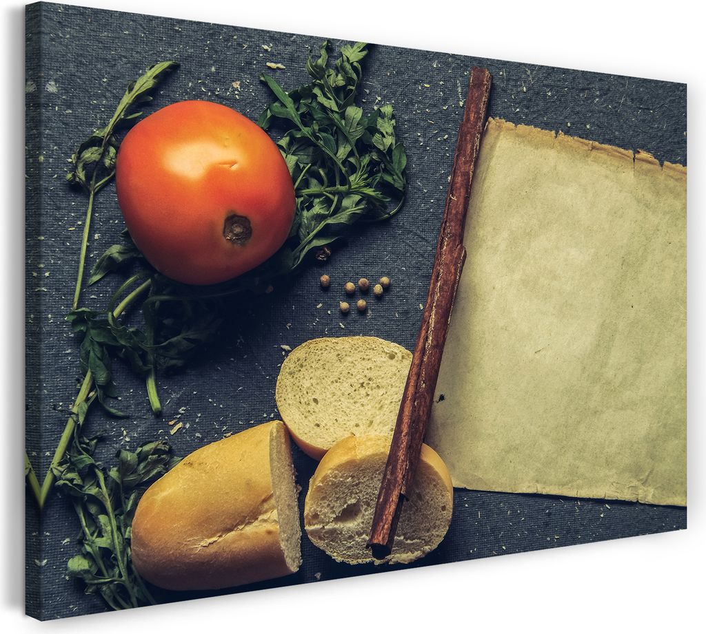 Leinwandbild (60x40cm): Essensbilder Komposition aus Zimt, Brot, Tomate, Ruccola, echter Holz-Keilrahmen inkl. Aufhänger, handgefertigt in Deutsch...