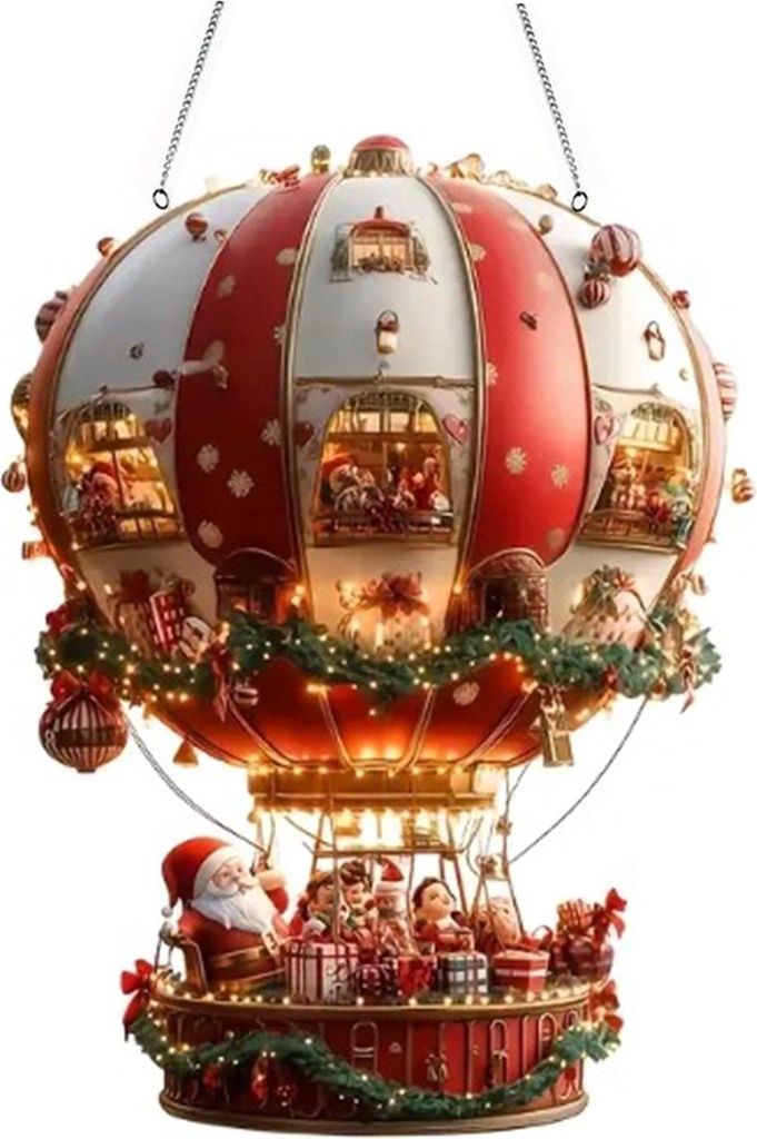 Weihnachts-Heißluftballon-Ornamente, 2D-Weihnachtsbaum-Anhänger aus Acryl, Cartoon-Weihnachtsmann im Heißluftballon, hängende Dekoration für B...