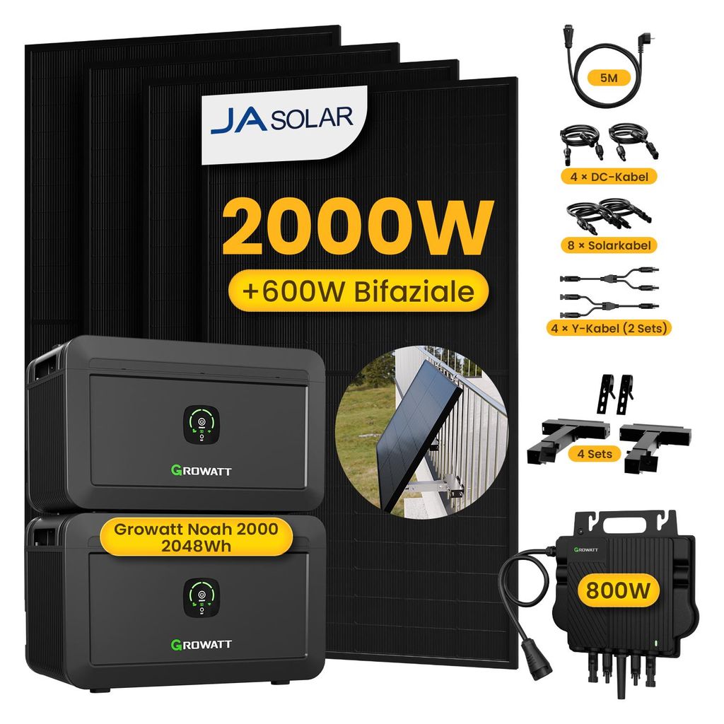 Powerness Balkonkraftwerk mit Speicher, 4x JA Solar 500W Module & Growatt 800W Mikro-Wechselrichter, 2x Growatt NOAH 2000,4x Balkon-Halterung(Schwarz)