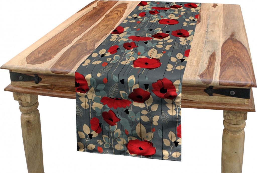 ABAKUHAUS Mohn Tischläufer, Moderne Blumengarten, Esszimmer Küche Rechteckiger Dekorativer Tischläufer, 40 x 300 cm, Beige Grau Rot