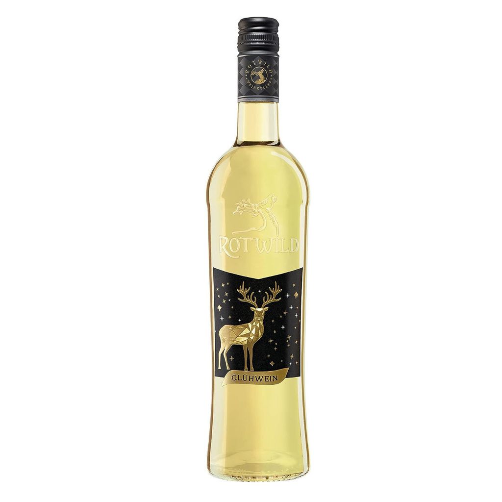 A bottle of white wine with a decorative label.