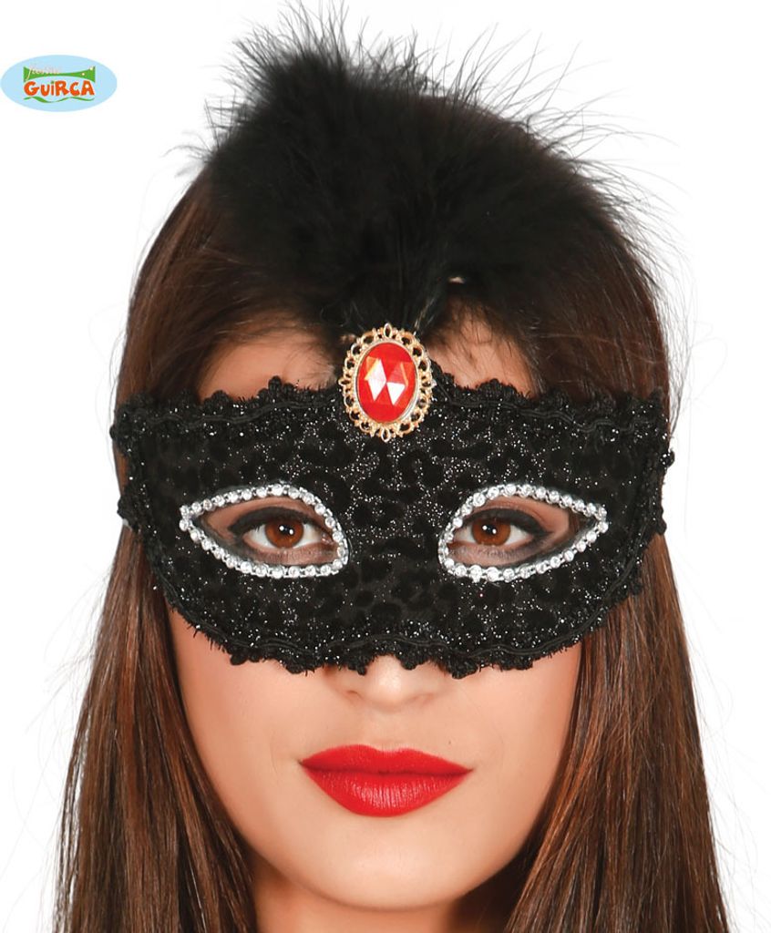 Venezianische Maske in schwarz mit schwarzen Federn Produktbild 