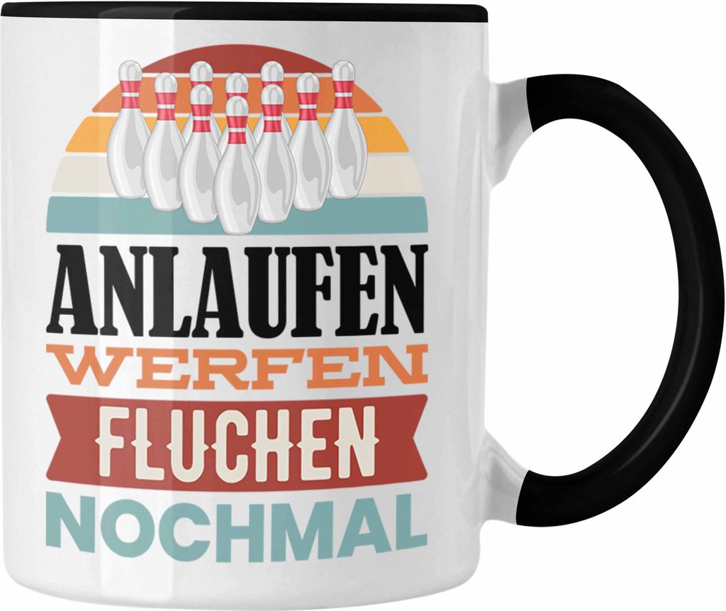 Trendation - Bowling Tasse Geschenk Anlaufen Werfen Fluchen Nochmal Bowling Kegeln Meister GEschenkidee Lustiger Spruch (Schwarz)