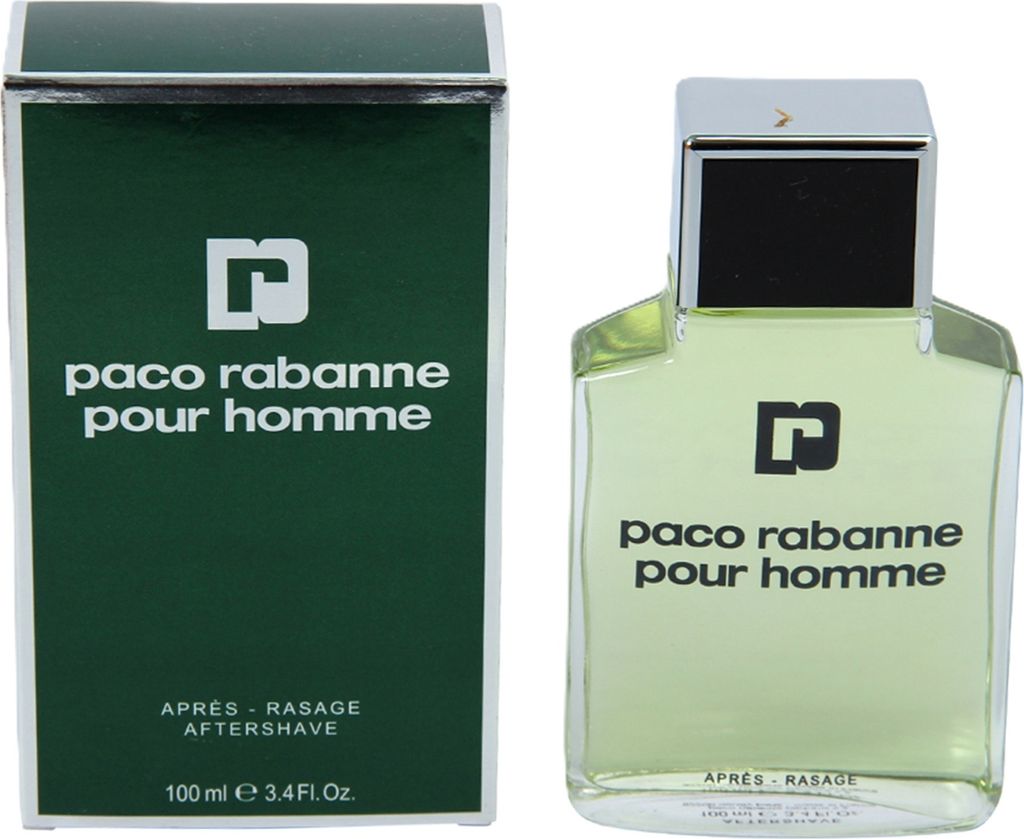A bottle of Paco Rabanne Pour Homme aftershave and its packaging are displayed side-by-side against a white background.