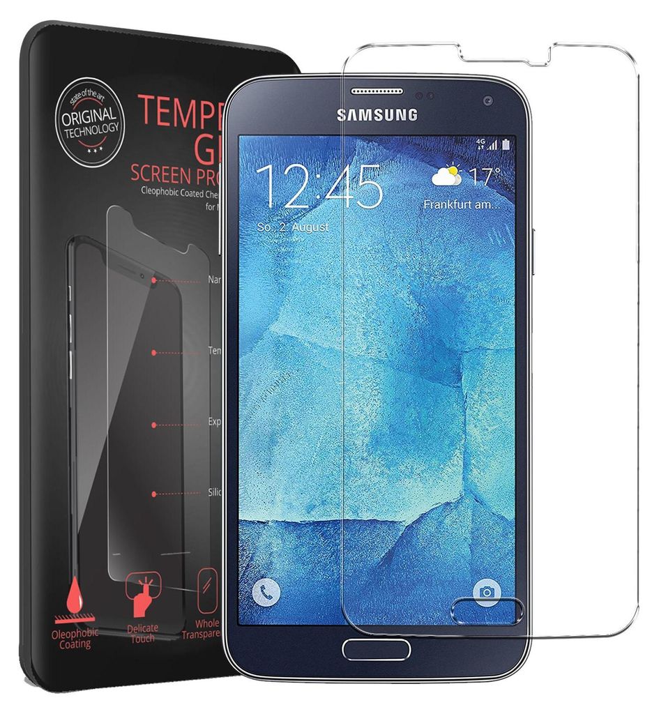 A Samsung Galaxy S5 phone with a screen protector and its packaging.