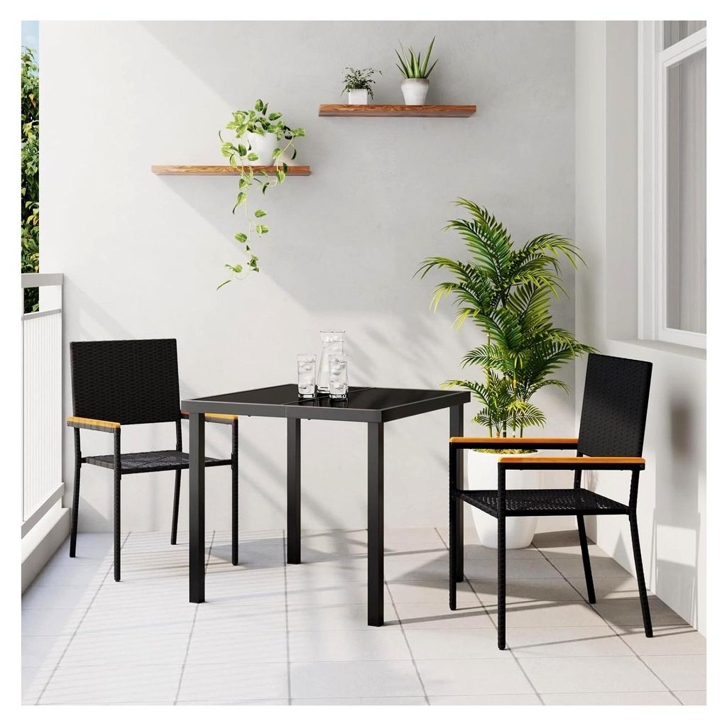 Gartenstühle mit Kissen 2 Stück, stapelbar, schwarz, Poly-Rattan