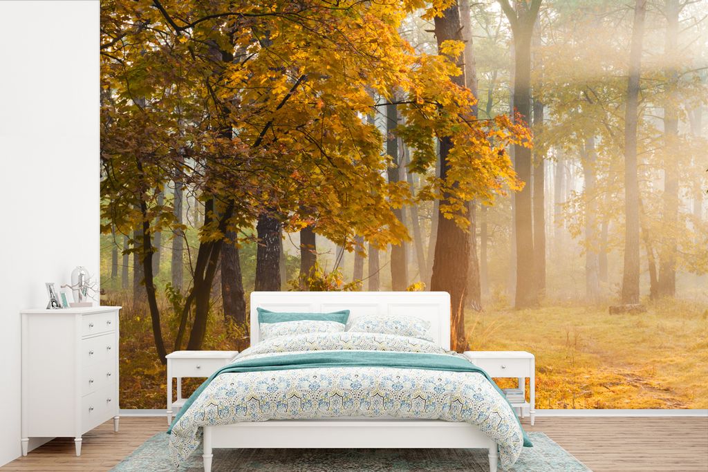 MuchoWow Fototapete für Wohnzimmer oder Schlafzimmer Wandtapete Vinyl Motivtapete Licht - Bäume - Laub - 420x280 cm - Zimmer für Kinder