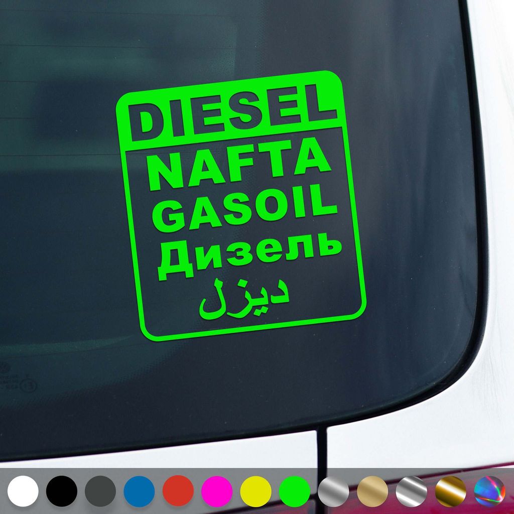 PantherPixel Diesel Aufkleber Mehrsprachig Gasoil Nafta Tanken Sticker Auto Geschenkidee Farbe Neon-Grün