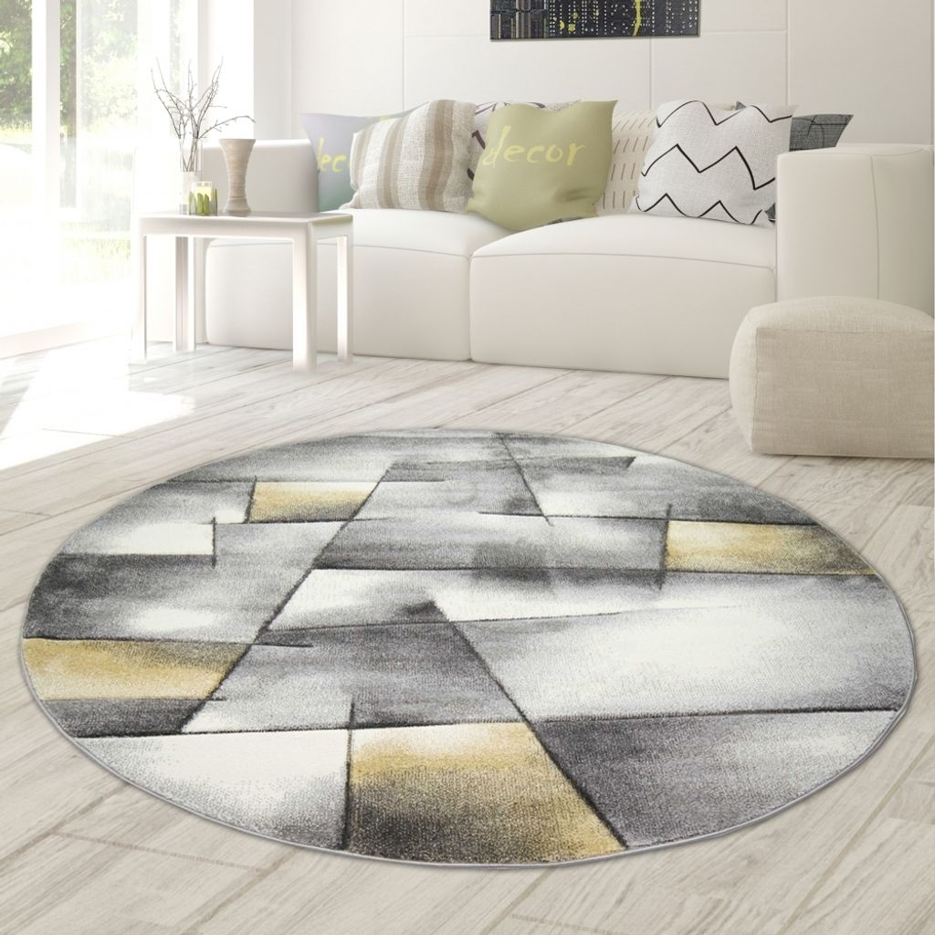 Teppich modern Teppich Wohnzimmer Teppich Kurzflor in pastell gelb grau Größe - 200 cm Rund