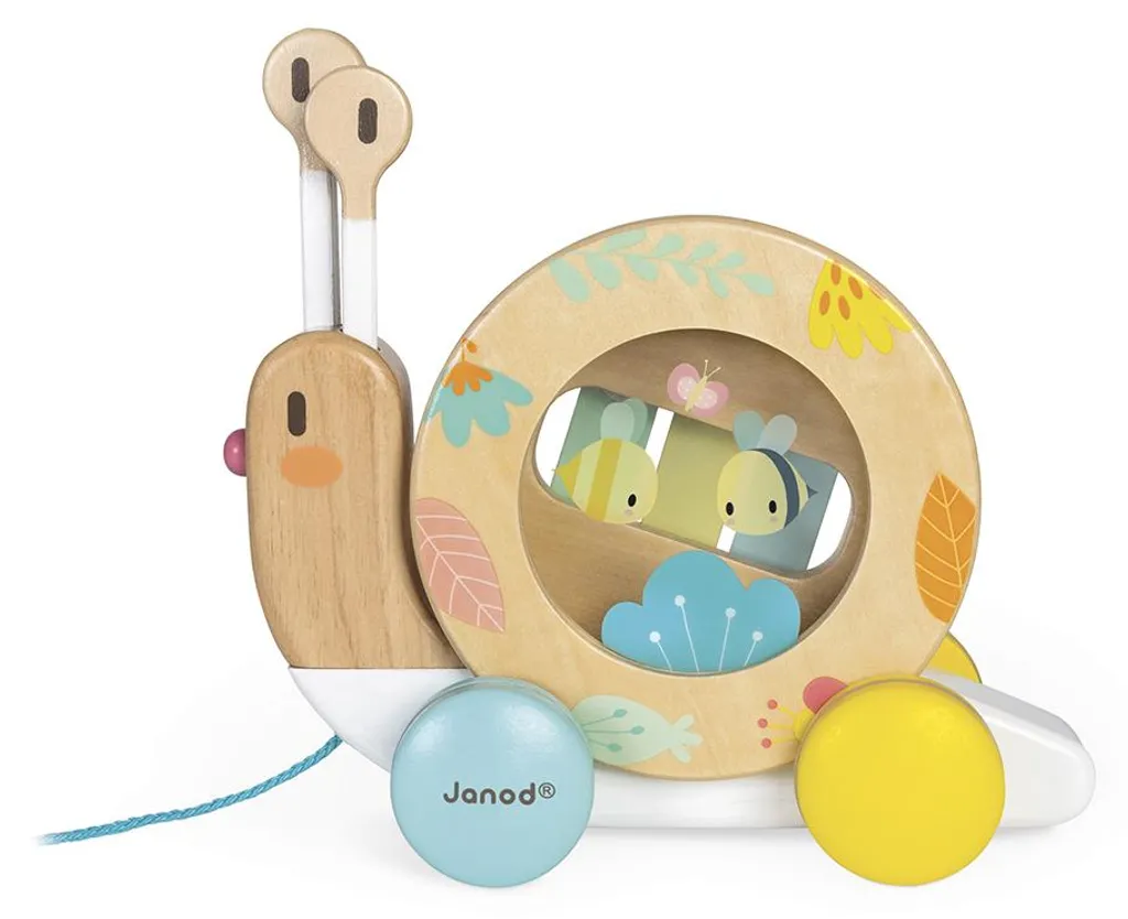 Janod Escargot à Tirer en Bois avec Xylophone et Tambourin - J08203