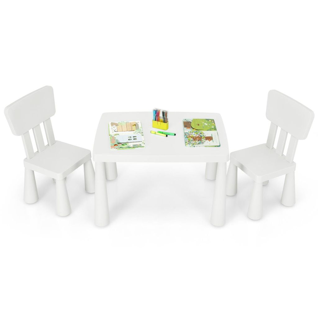 COSTWAY 3 tlg. Kindersitzgruppe, Kindertischgruppe, Kindertisch mit 2 Stühlen, Kindermöbel aus Kunststoff, Kinder-Tischset für Kinderzimmer Weiß