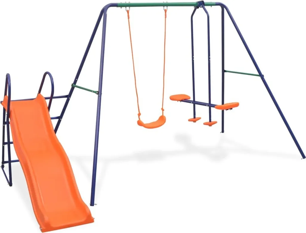 Portique de jeux extérieur avec toboggan et balançoires 3 places orange