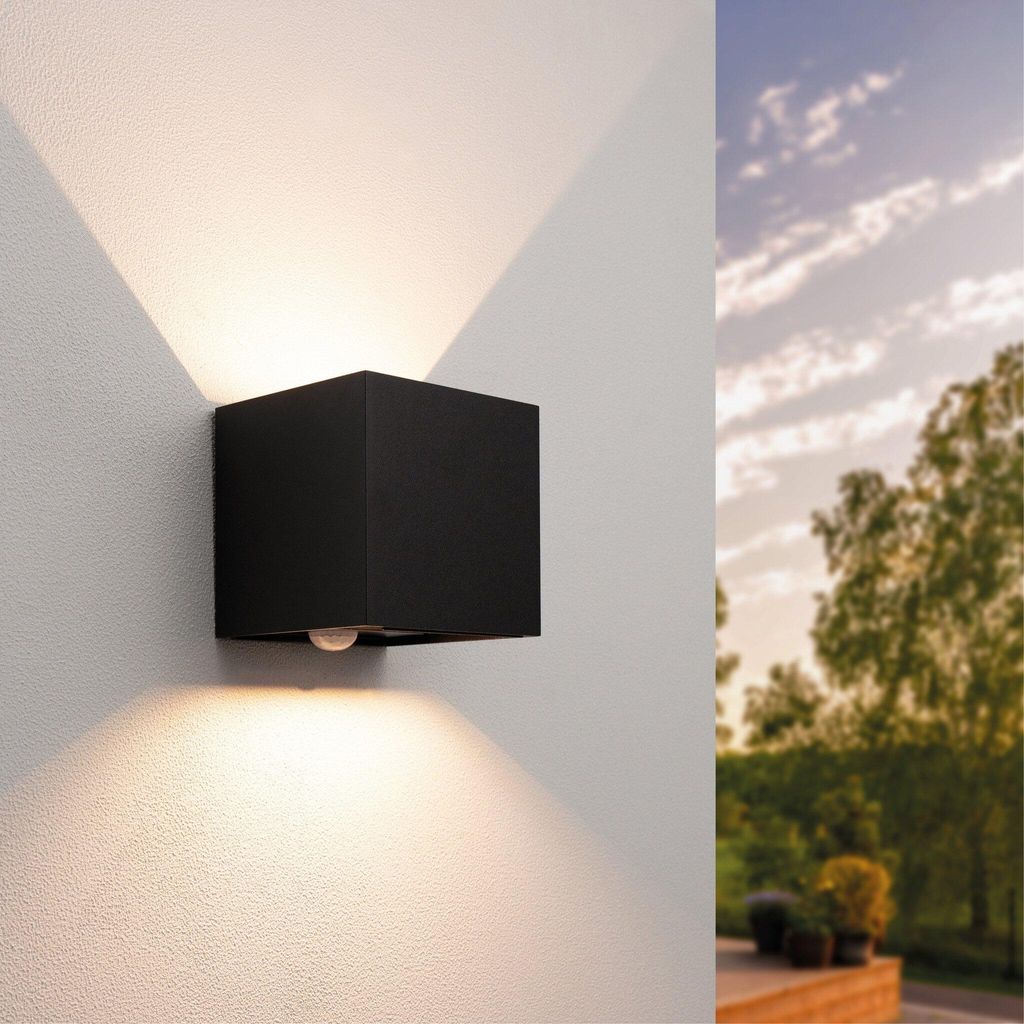 Ledvion - LED Wandlampe Mit Sensor, 3000K, 2X3W, Up&Down Licht, IP44, Schwarz, Edelstahl, Außenlampe