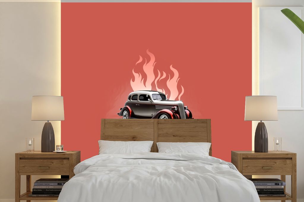 MuchoWow Fototapete für Wohnzimmer oder Schlafzimmer Wandtapete Vinyl Motivtapete Auto - Rosa - Vintage - Flammen - 350x350 cm - Schlafzimmertapete
