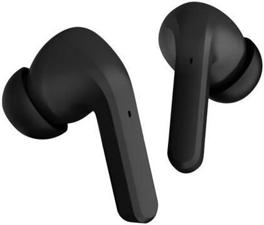 A pair of black wireless earbuds shown against a white background.
