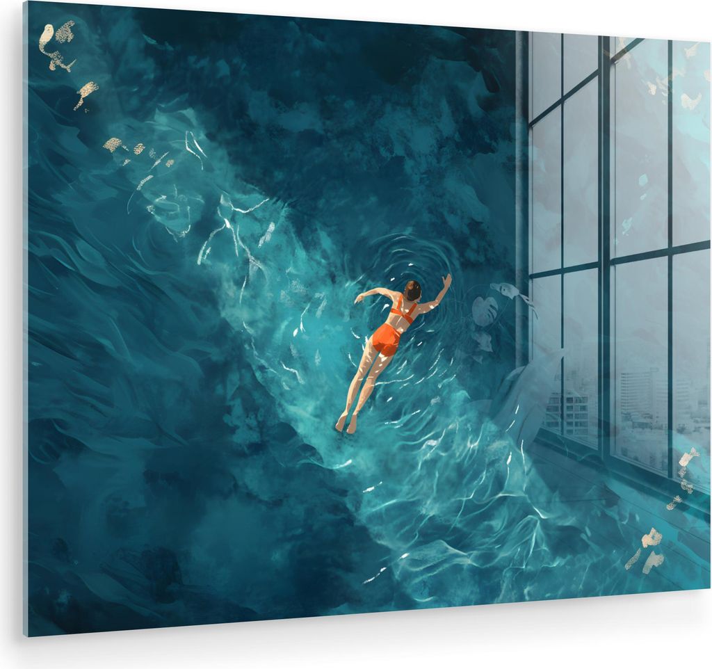MuchoWow Glasbilder - Bilder auf Wandbild - Foto auf Glas Frau - Wasser - Bikini - Orange 40x30 cm Wanddekoration aus Glas - Acrylglasbild - Acrylb...